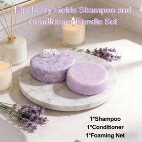 ADUTRY Blueberry Fields conditioner bar set close-up emphasizing frizz control and moisture.
