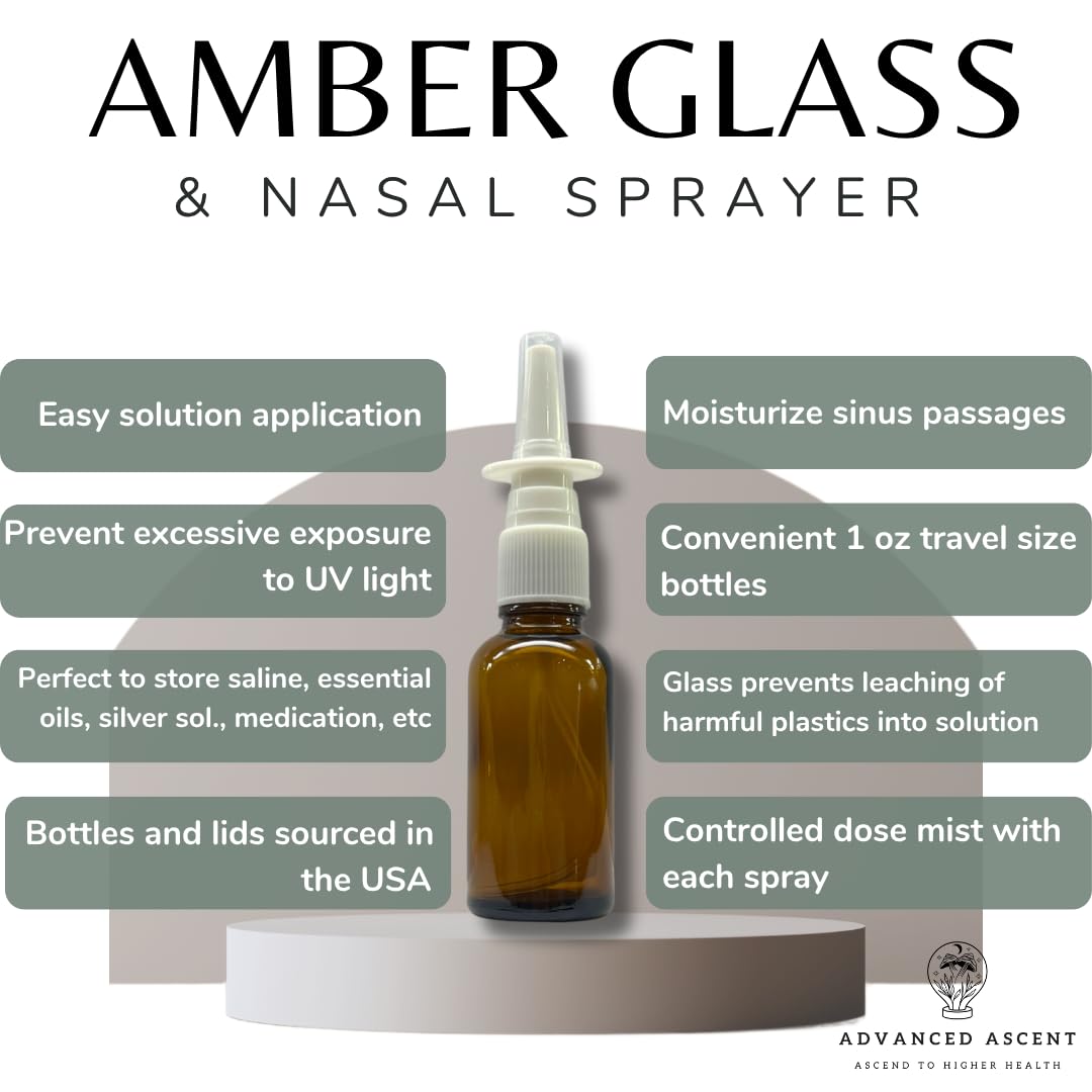 ADVANCED ASCENT travel-sized amber glass 6-pack sprayer bottles for saline solutions.