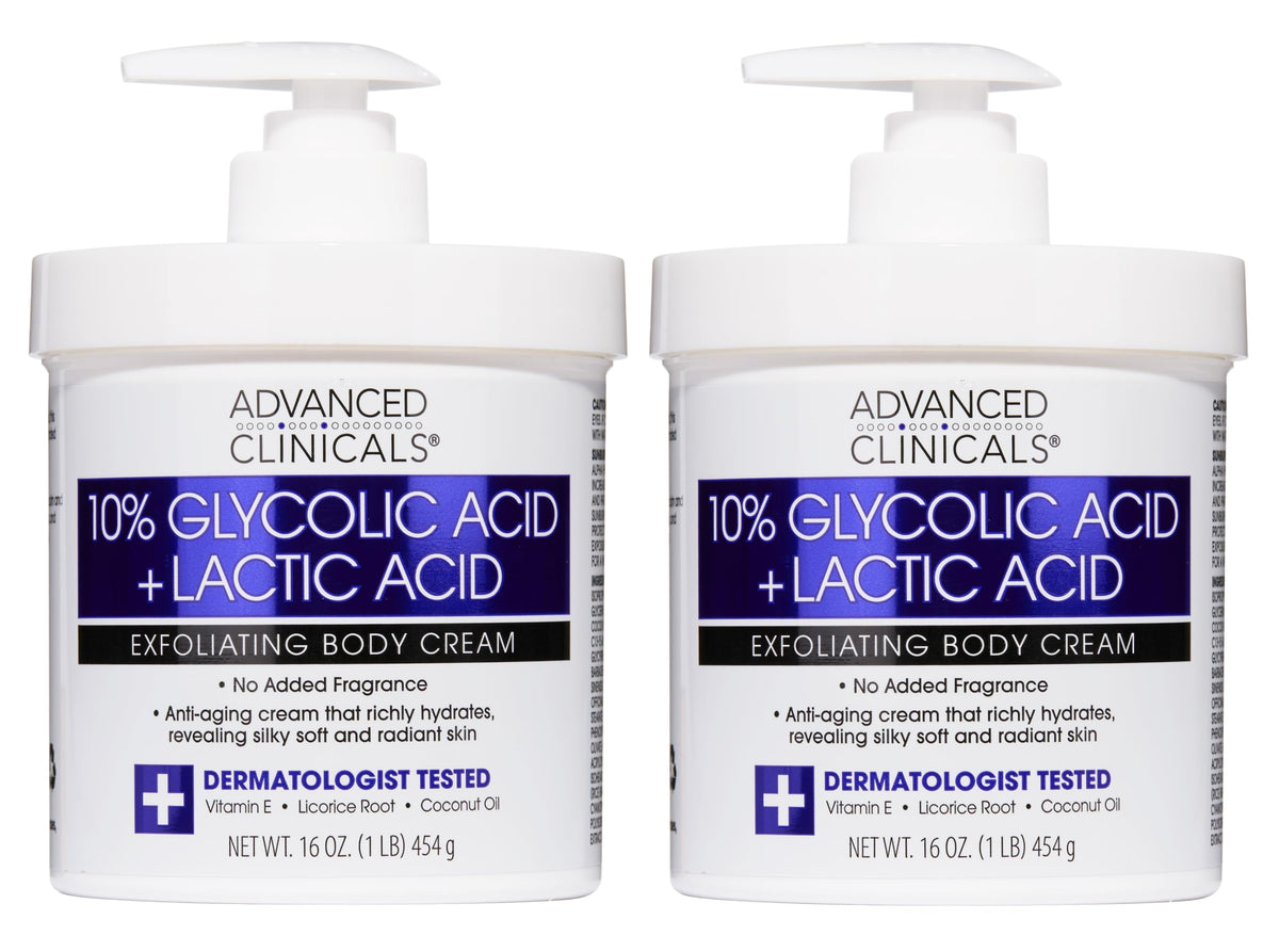 Advanced Clinicals bottle-pump showing gentle glycolic lactic exfoliation on skin