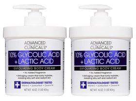 Advanced Clinicals bottle-pump showing gentle glycolic lactic exfoliation on skin