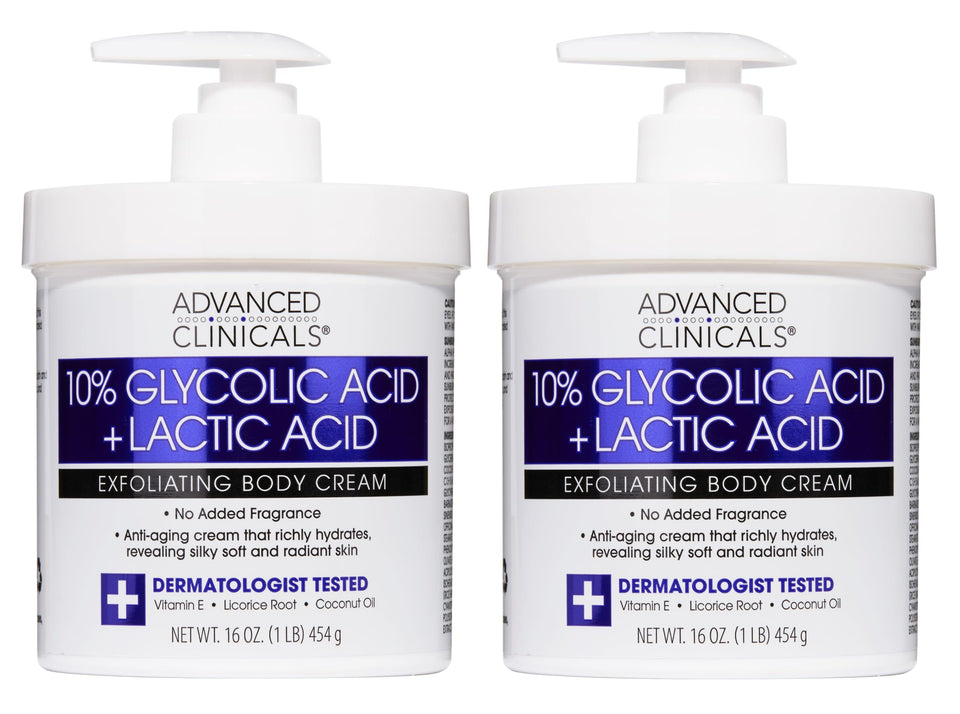 Advanced Clinicals bottle-pump showing gentle glycolic lactic exfoliation on skin