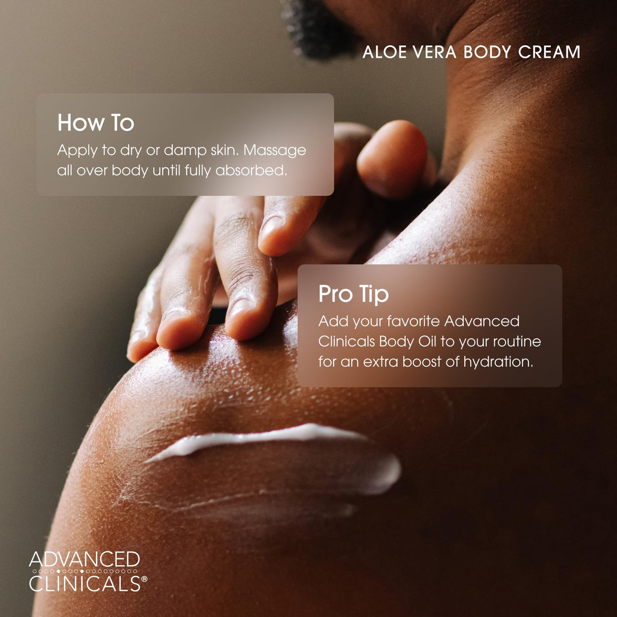 Advanced Clinicals Aloe Vera Lotion application on arms and legs shows daily moisture.