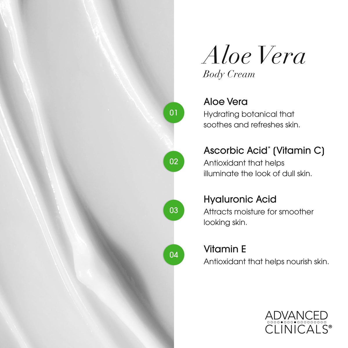 Advanced Clinicals Aloe Vera Lotion ingredients list shows vitamin E and C for skin support.