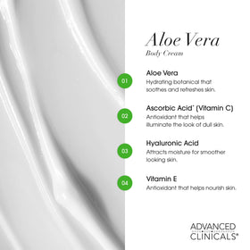 Advanced Clinicals Aloe Vera Lotion ingredients list shows vitamin E and C for skin support.
