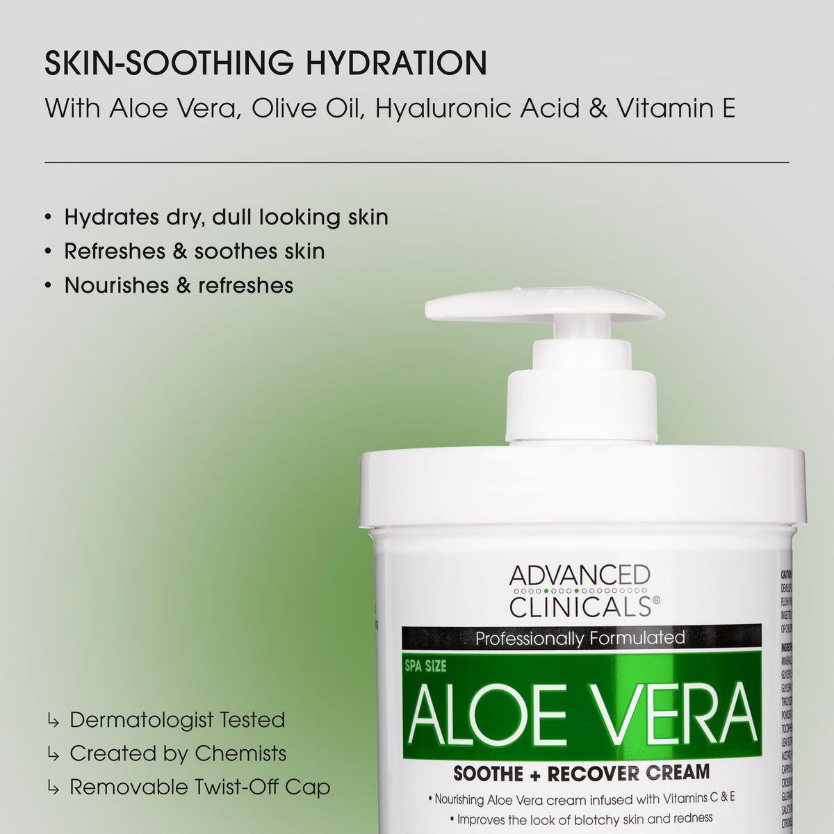 Advanced Clinicals Aloe Vera Lotion pouring texture highlights olive oil and hyaluronic acid for hydration.