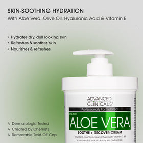 Advanced Clinicals Aloe Vera Lotion pouring texture highlights olive oil and hyaluronic acid for hydration.