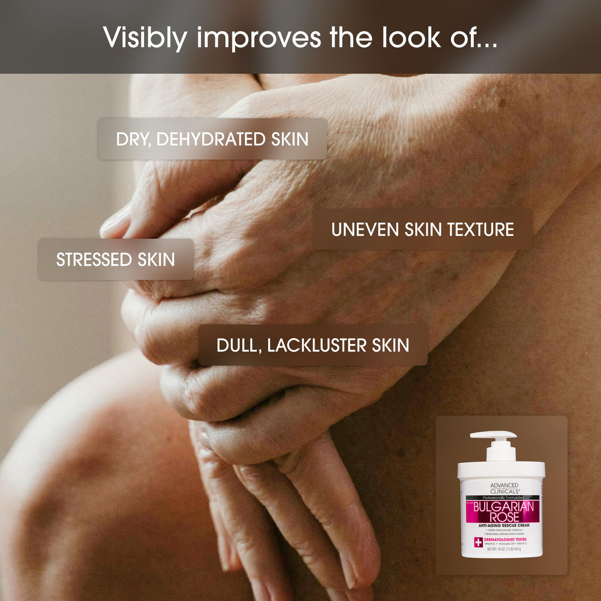 Hands applying Advanced Clinicals Bulgarian Rose Lotion for smooth, hydrated skin