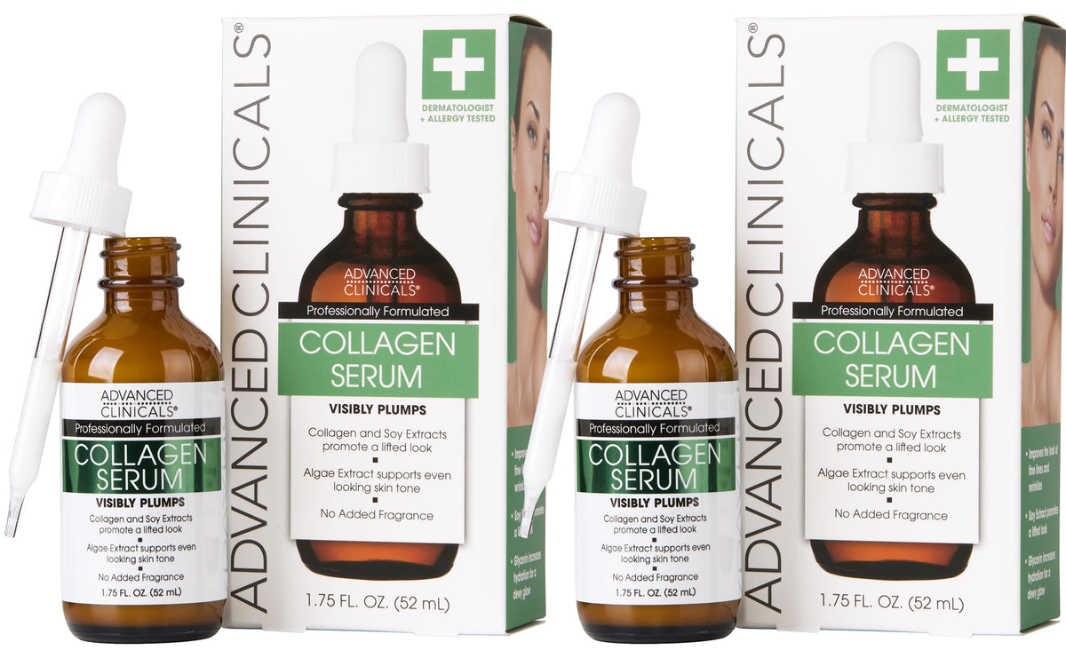 Advanced Clinicals Collagen Serum bottle shows a hydrating formula for firmer-looking skin.