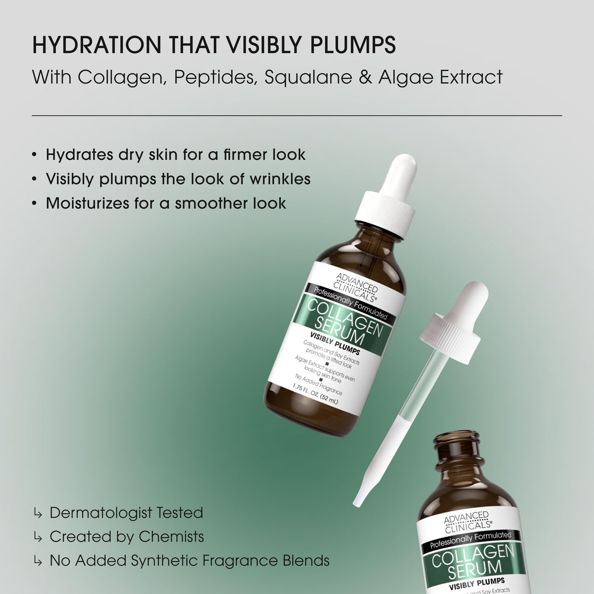 Close-up of Advanced Clinicals collagen serum milky texture gliding on skin.