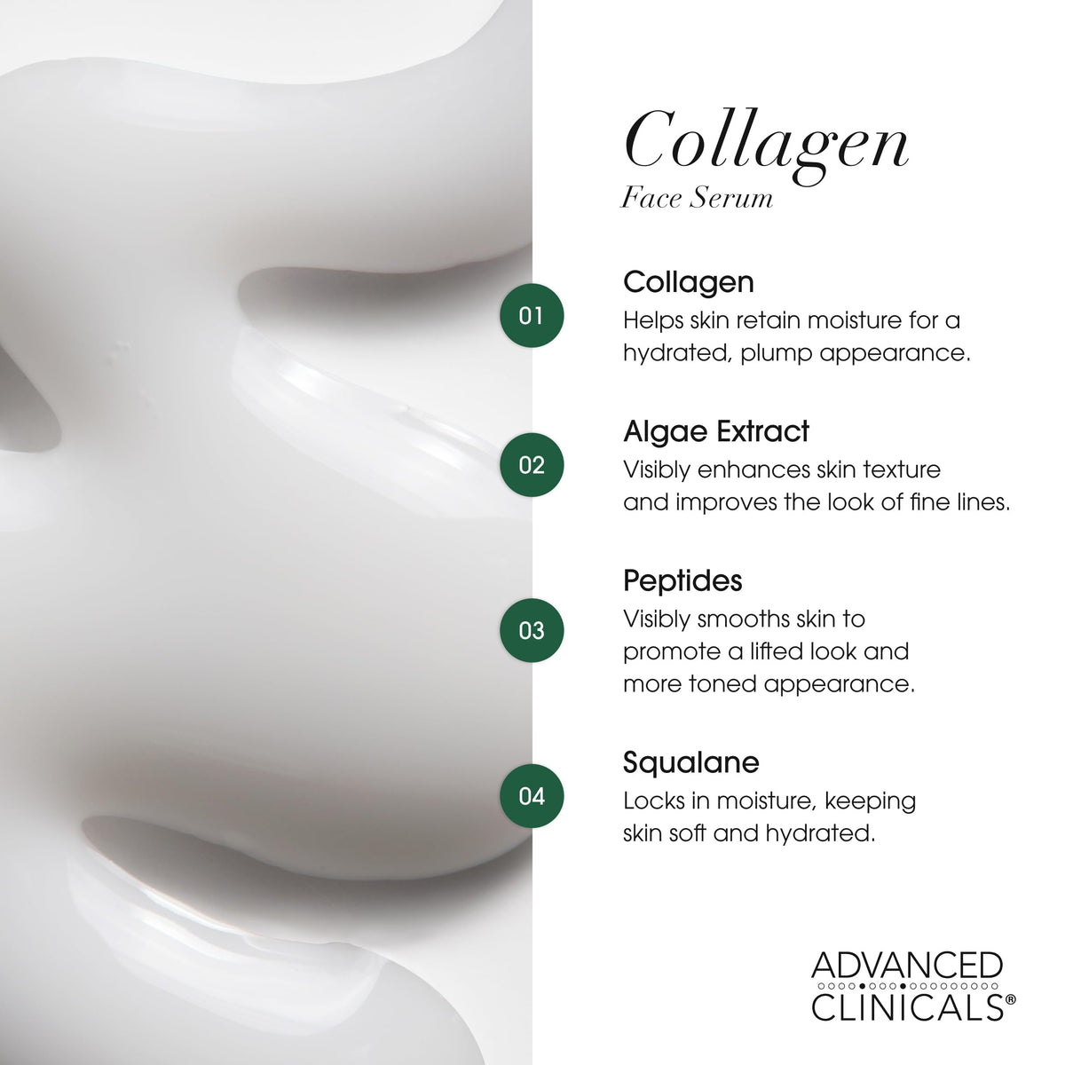 Advanced Clinicals collagen serum hydration droplets close-up emphasizing moisture.