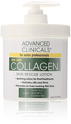 Advanced Clinicals Collagen Skin Rescue Lotion pump being used for easy application and lasting moisture.