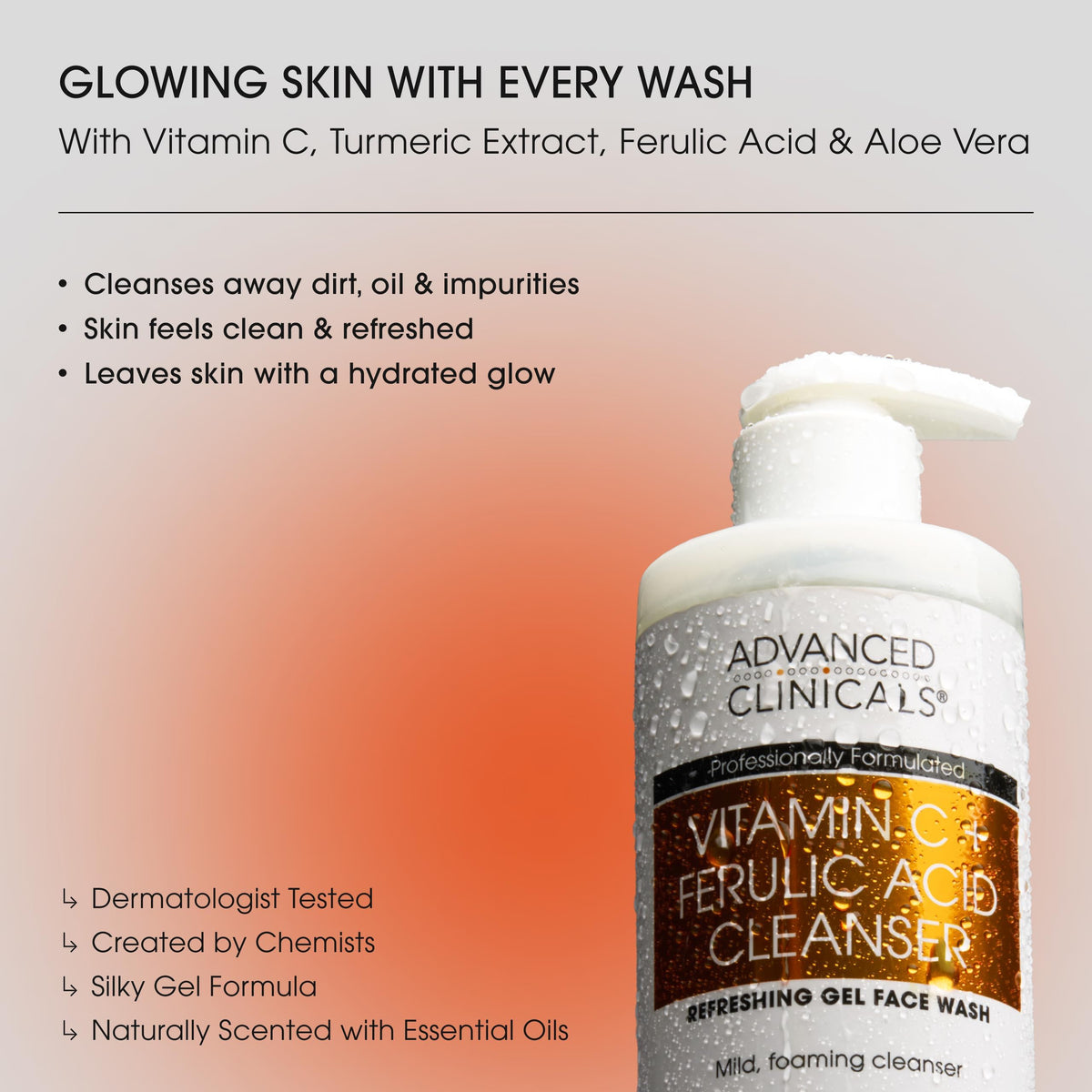 Bottle close-up showing rich gel lather and fruity aroma for daily cleansing.