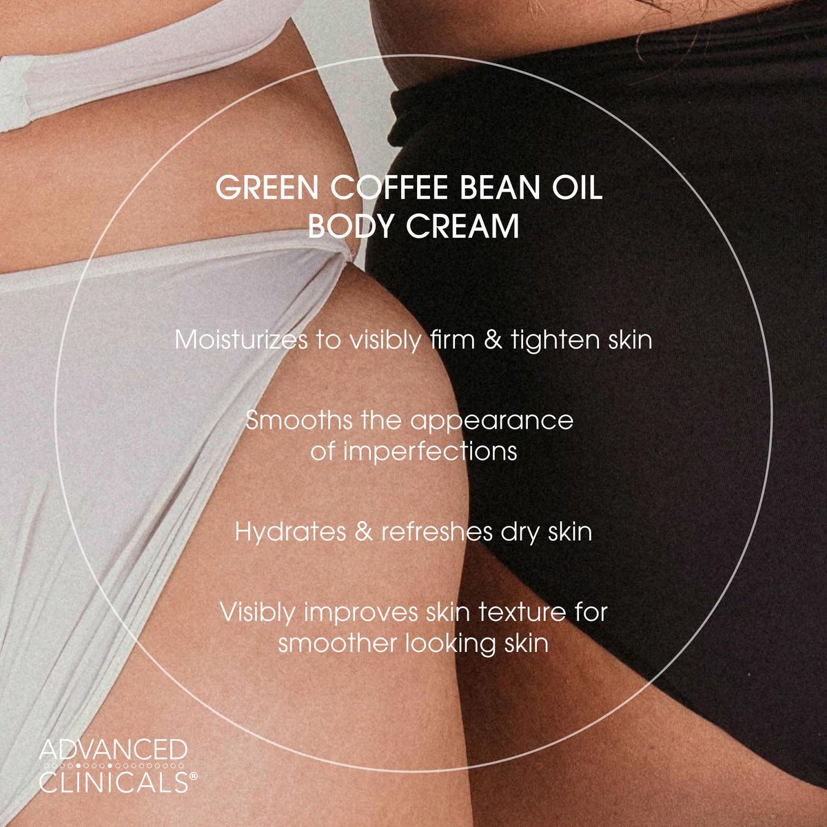 Advanced Clinicals label shows caffeine, collagen, and vitamin E for sustained moisture.