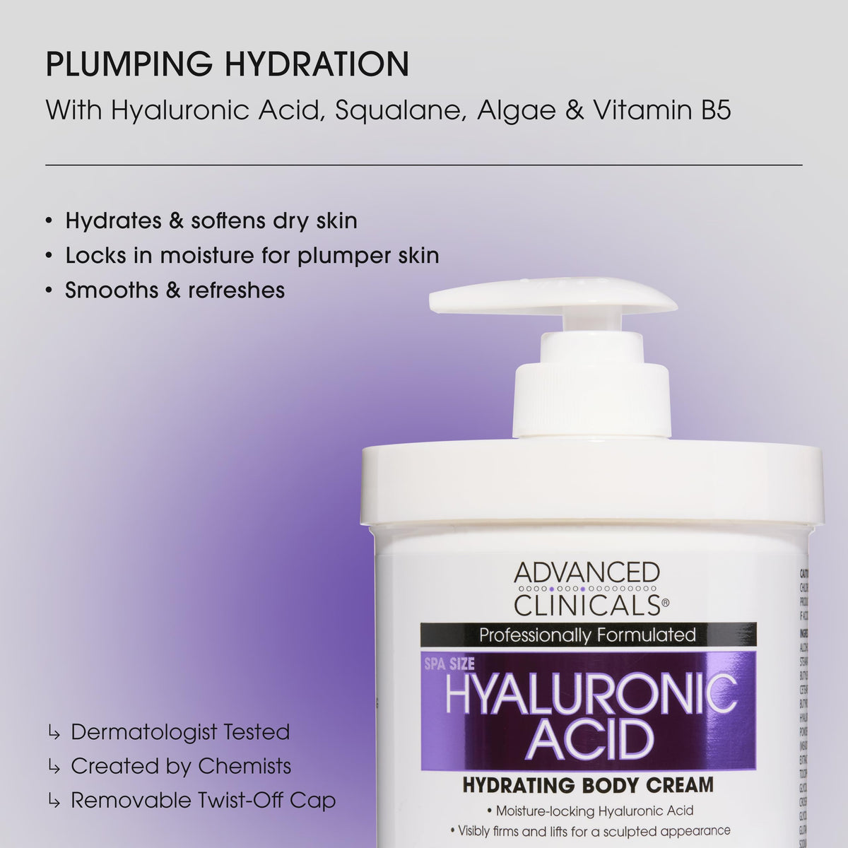 Advanced Clinicals hyaluronic acid cream pump showing rich texture and non-greasy finish