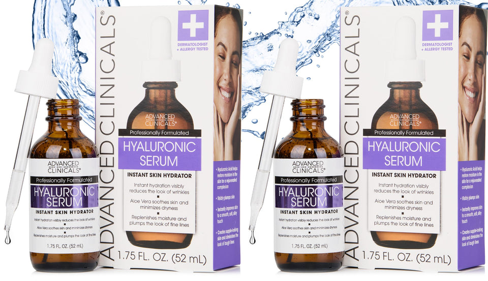Advanced Clinicals Hyaluronic Acid Serum bottle showcases deep hydration for facial skin.