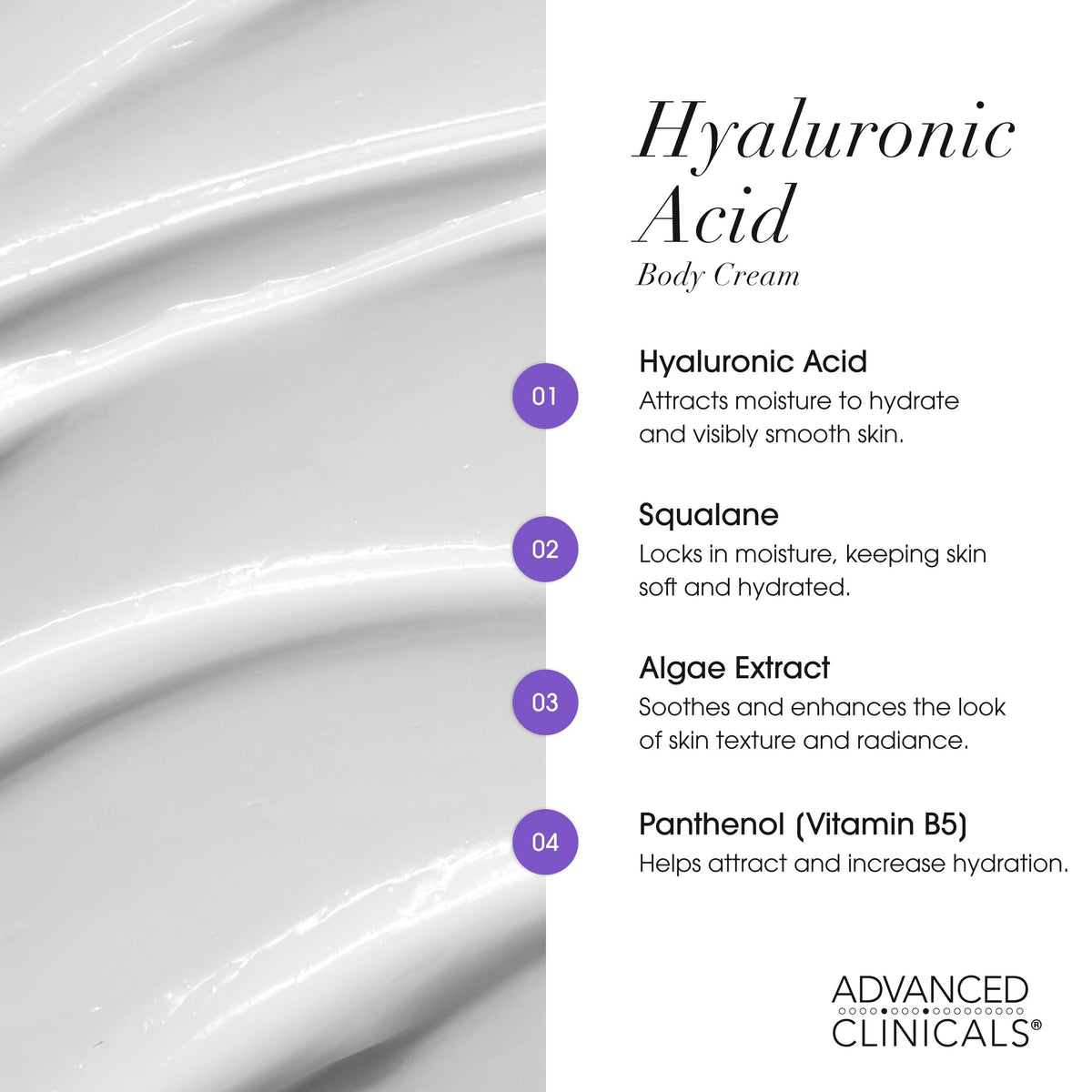 Advanced Clinicals hyaluronic acid serum gel texture close-up for lightweight moisture