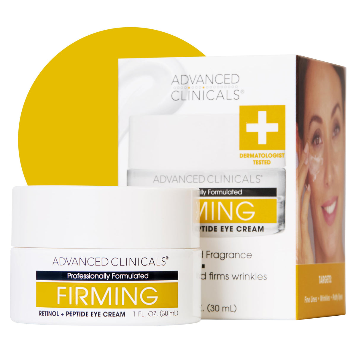 Advanced Clinicals retinol eye balm jar close-up showing rich hydration for firmer under-eye skin.