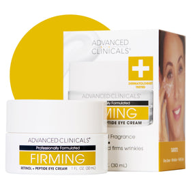 Advanced Clinicals retinol eye balm jar close-up showing rich hydration for firmer under-eye skin.