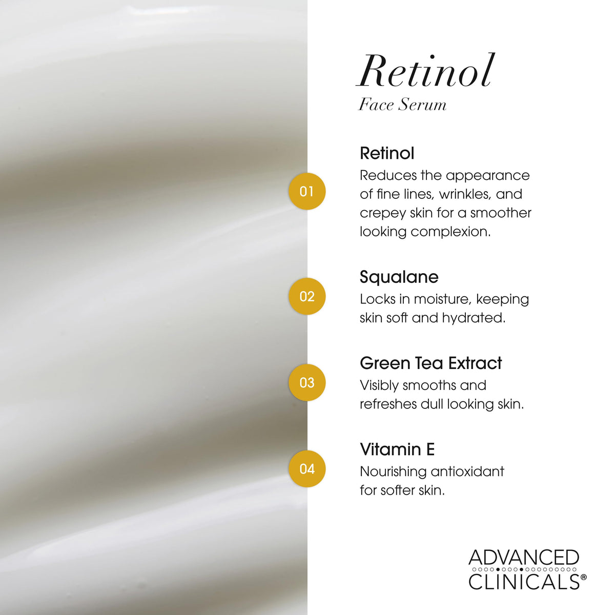 Advanced Clinicals retinol serum close-up bottle texture suggesting rejuvenating feel.