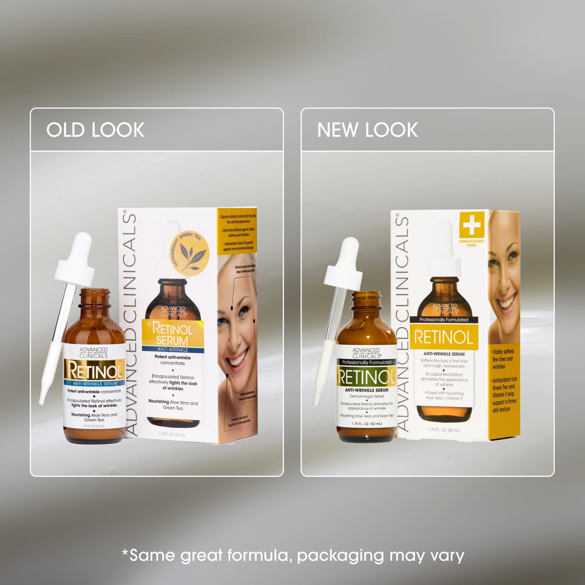 Advanced Clinicals Retinol Serum dermatologist-tested seal on label.