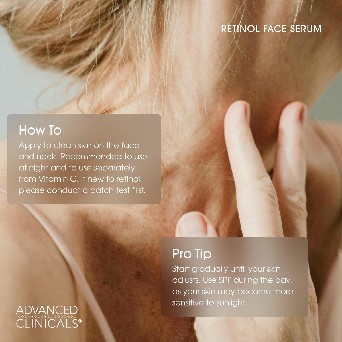 Advanced Clinicals Retinol Serum dropper applying small amount on skin.