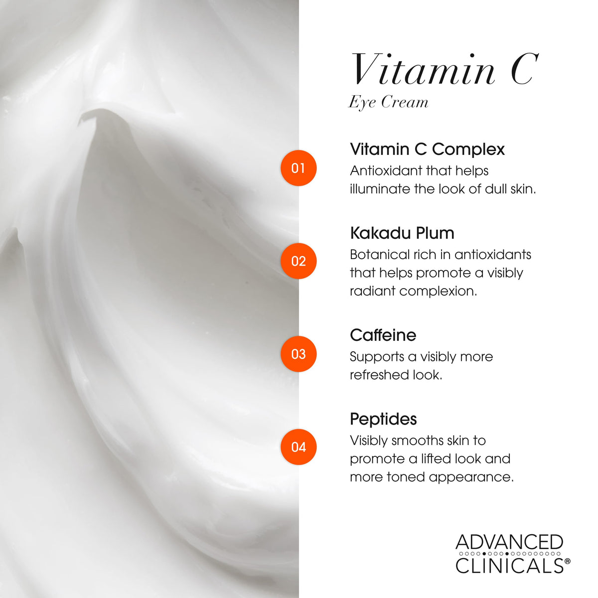 Advanced Clinicals eye cream offers rich, creamy texture for smooth under-eye hydration.
