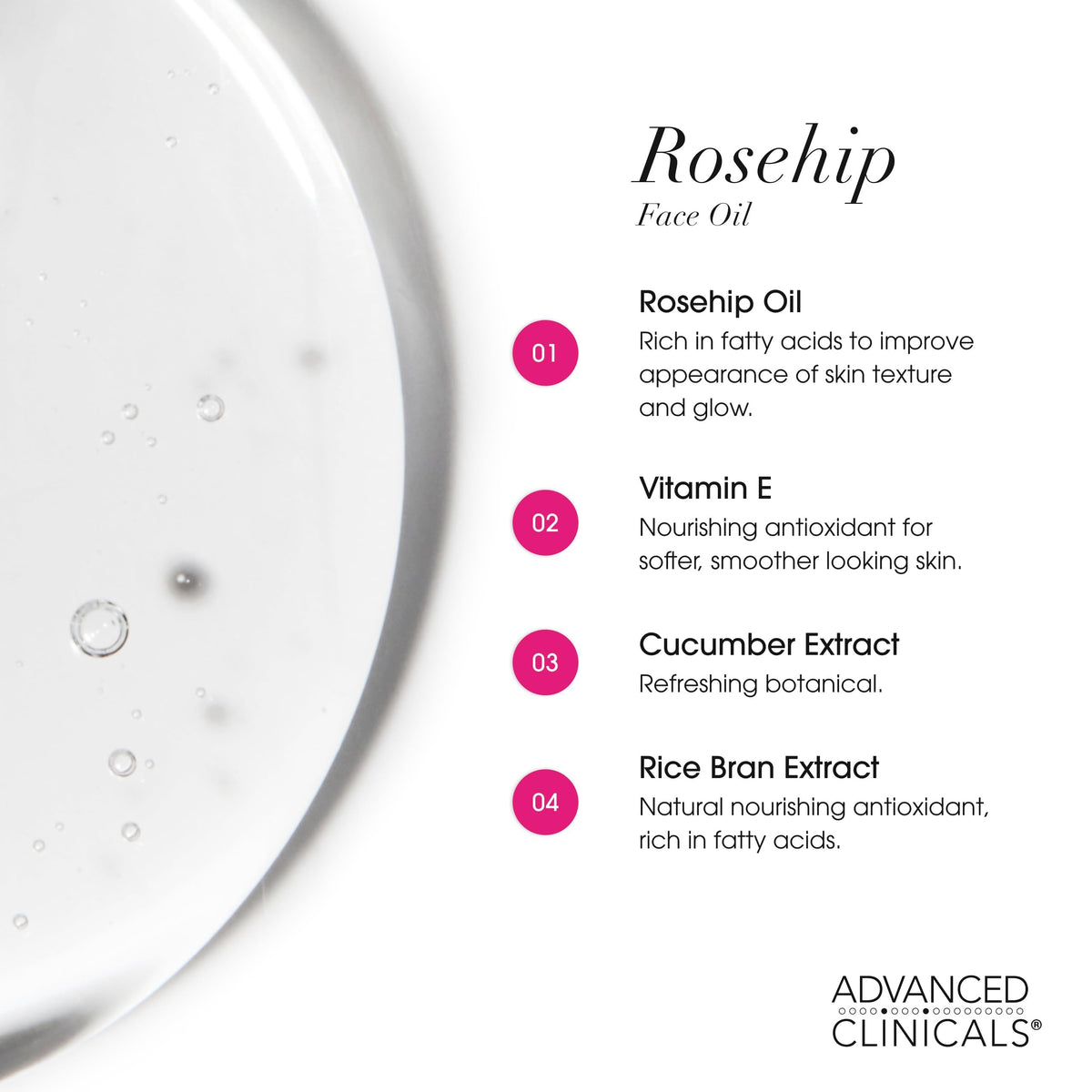 Advanced Clinicals Rosehip Oil on dry skin provides lightweight moisture and softness.