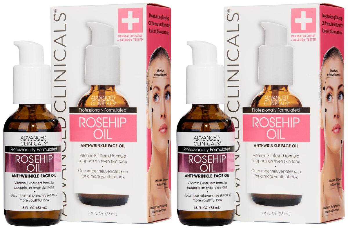 Advanced Clinicals Rosehip Oil bottle pour promotes hydration for smoother skin.
