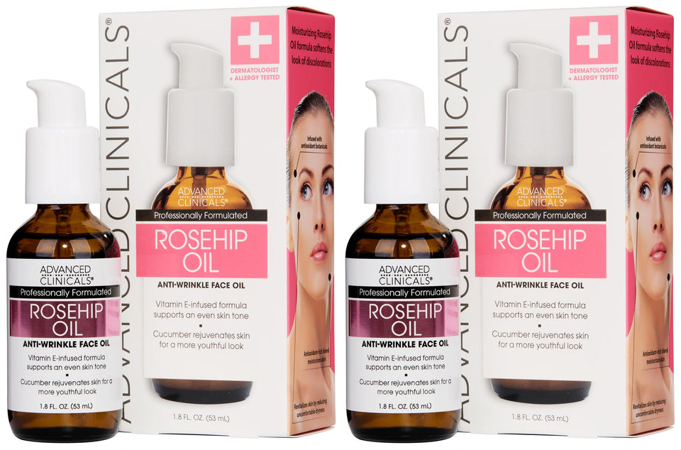 Advanced Clinicals Rosehip Oil bottle pour promotes hydration for smoother skin.