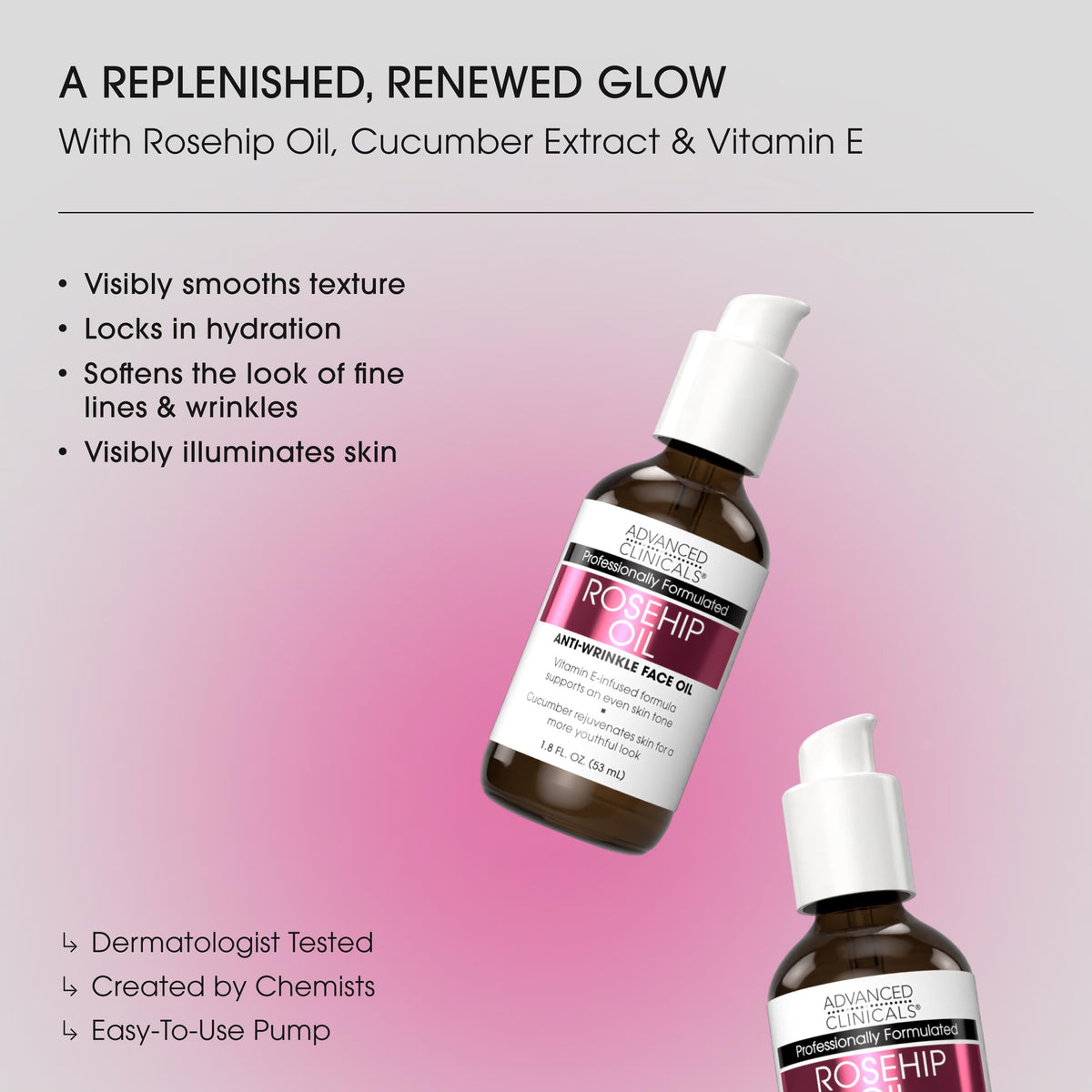 Advanced Clinicals Rosehip Oil silky texture glides on for daily hydration.