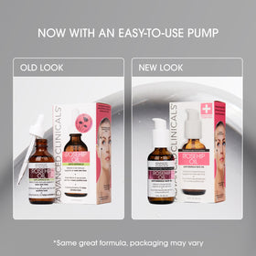Advanced Clinicals Rosehip Oil vitamin E blend highlights nourishing botanicals for radiant skin.