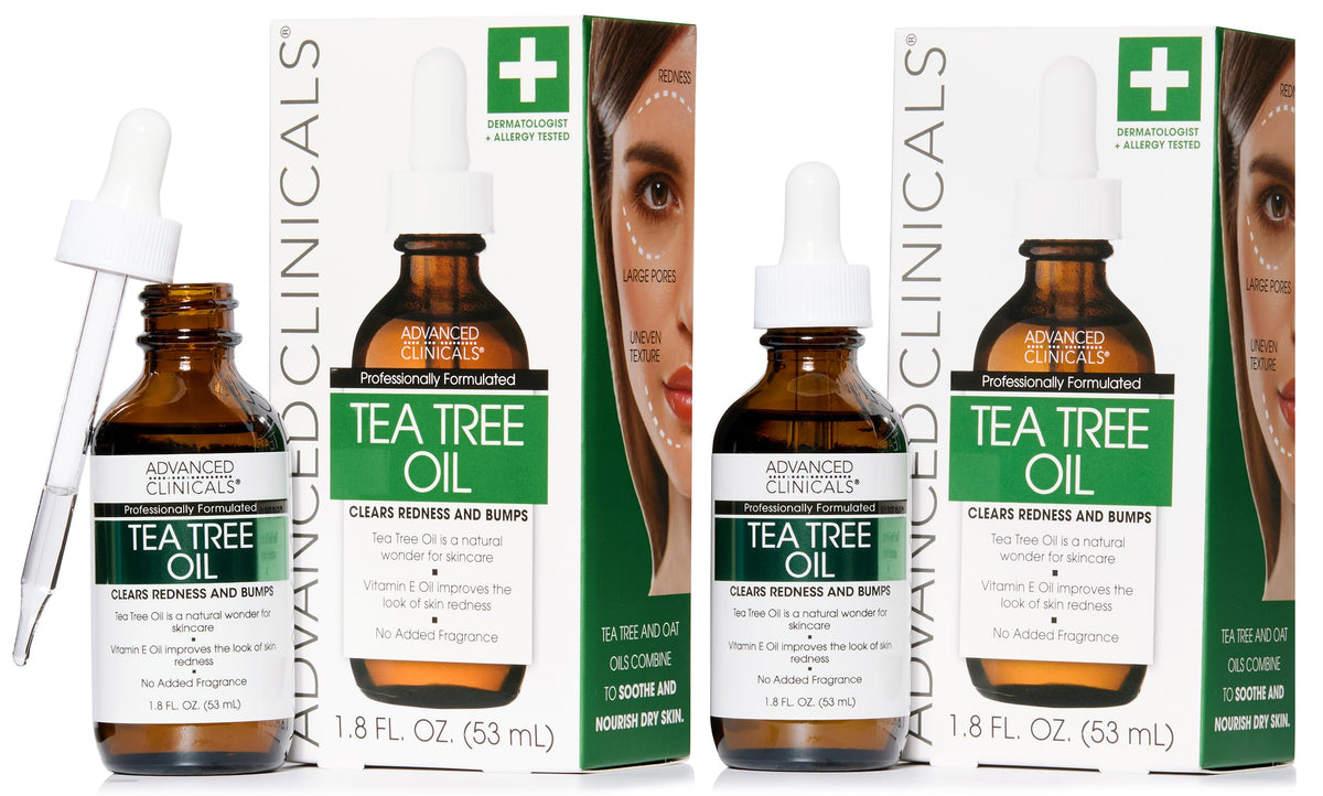 Advanced Clinicals Tea Tree Oil Serum bottle illustrating a lightweight hydrator for smoother skin.