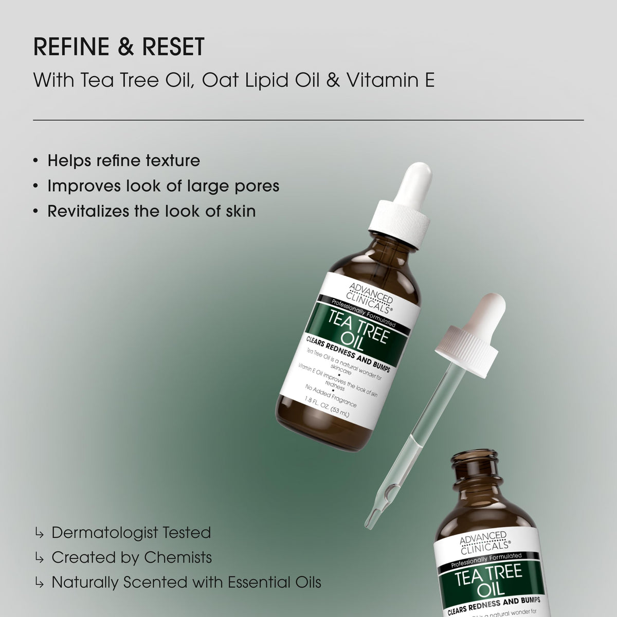 Advanced Clinicals Tea Tree Oil Serum droplet highlights pore-refining hydration.