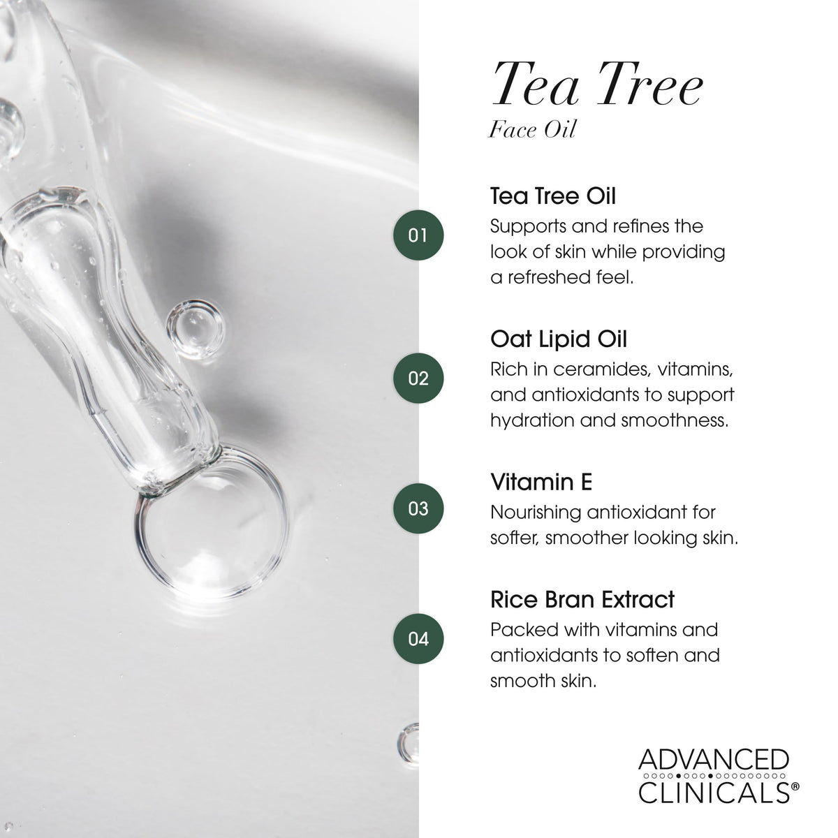 Advanced Clinicals Tea Tree Oil Serum application on face suggests daily use for refined texture.
