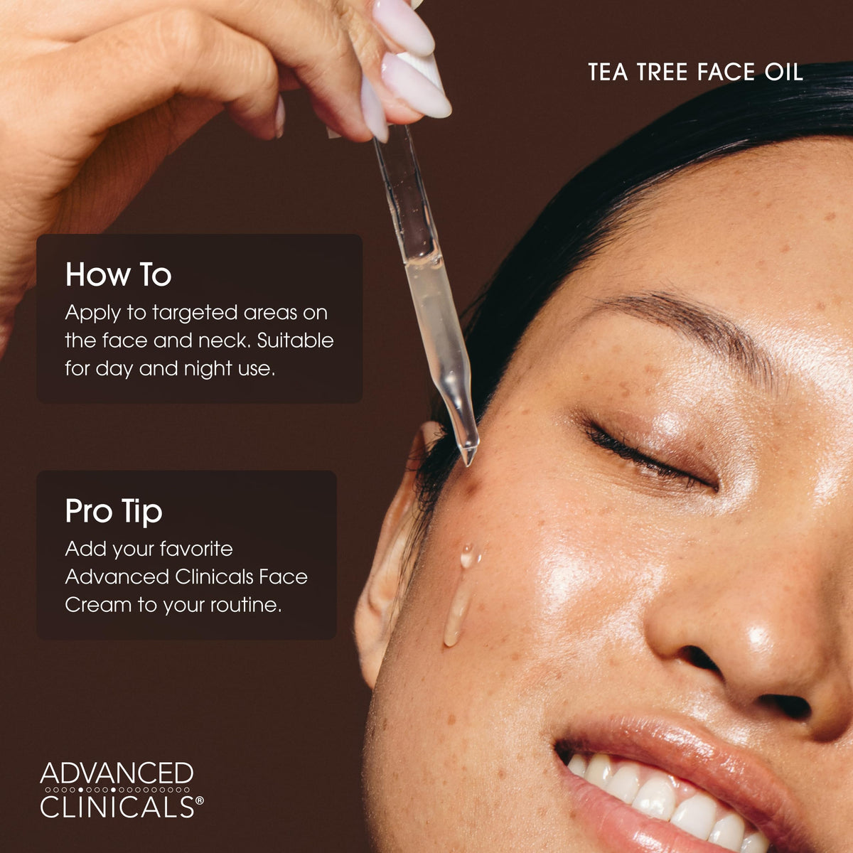 Advanced Clinicals Tea Tree Oil Serum pore-detail emphasizes even texture improvement.