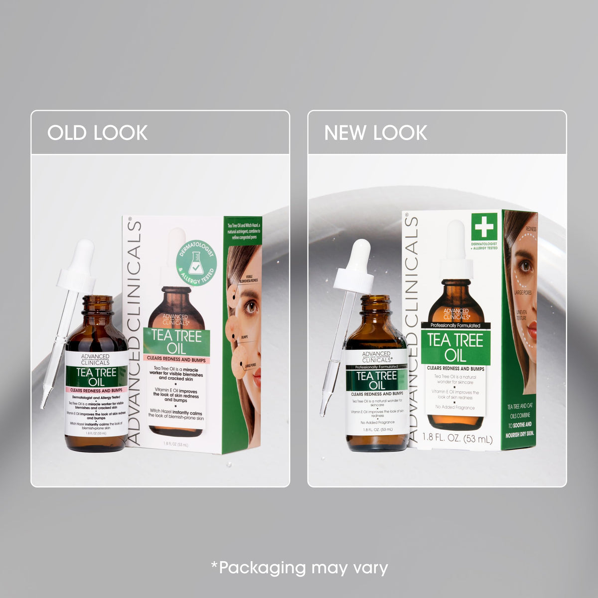Advanced Clinicals Tea Tree Oil Serum vitamin E focus signals balanced skin care.