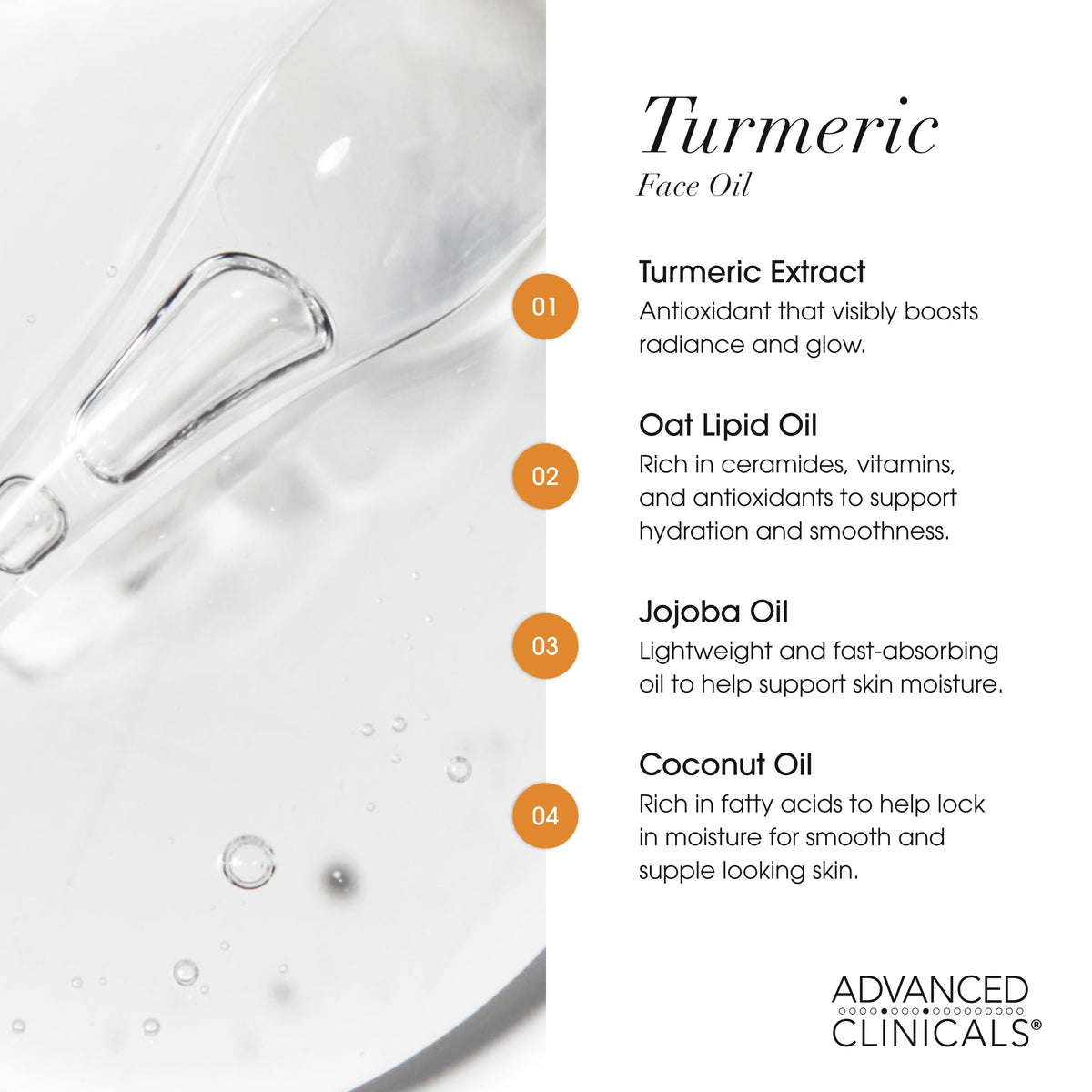 Advanced Clinicals Turmeric Oil Serum bottle with dropper demonstrates easy daily use