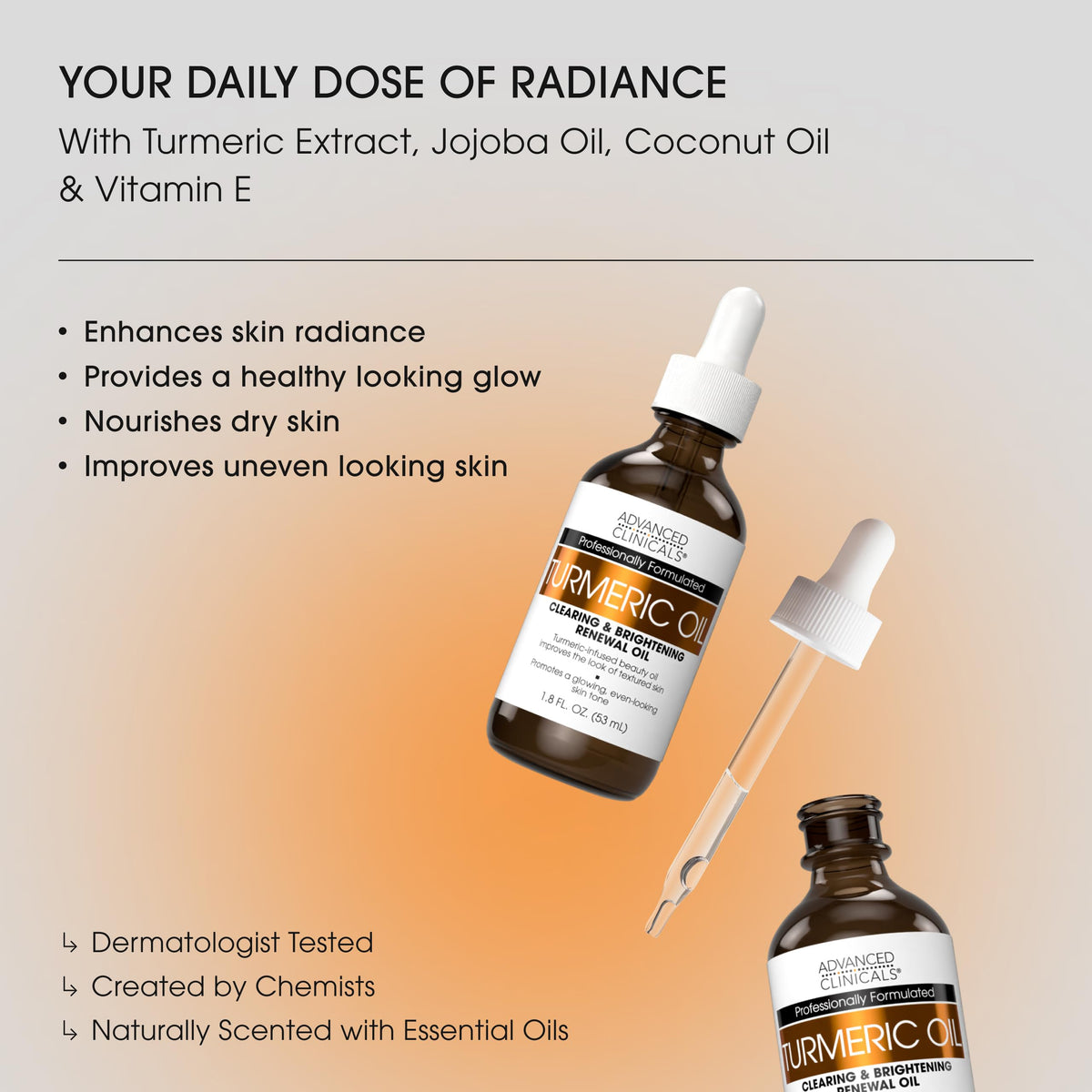 Advanced Clinicals Turmeric Oil Serum closeup shows nourishing blend of jojoba and coconut oils