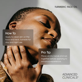 Advanced Clinicals Turmeric Oil Serum on skin after application suggests smooth, soft, glowing look