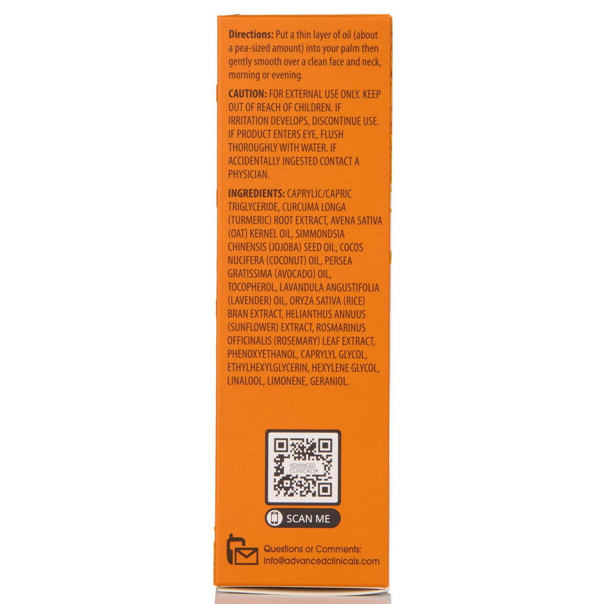 Advanced Clinicals Turmeric Oil Serum ingredient list graphic emphasizes vitamin E and essential oils