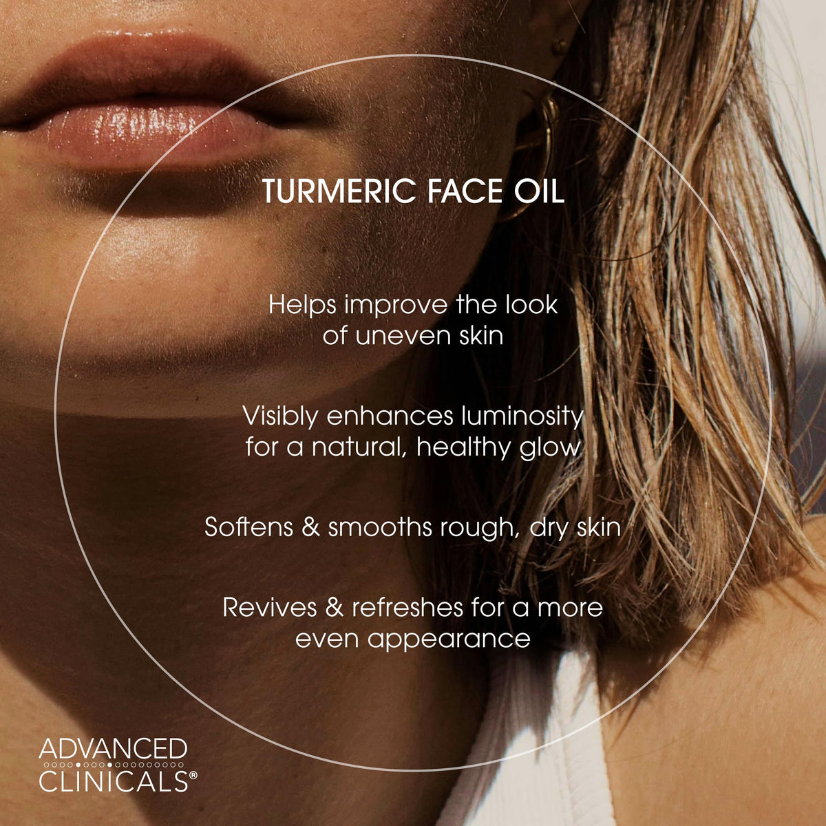 Advanced Clinicals Turmeric Oil Serum texture swirls conveys lightweight hydration and radiance