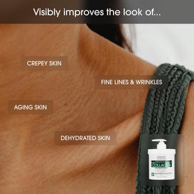 Advanced Clinicals unscented collagen body cream flat lay with bottle and cream swatch.