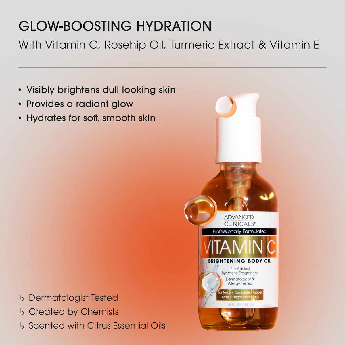 Advanced Clinicals Vitamin C Body Oil pump dispense shown for lightweight hydration