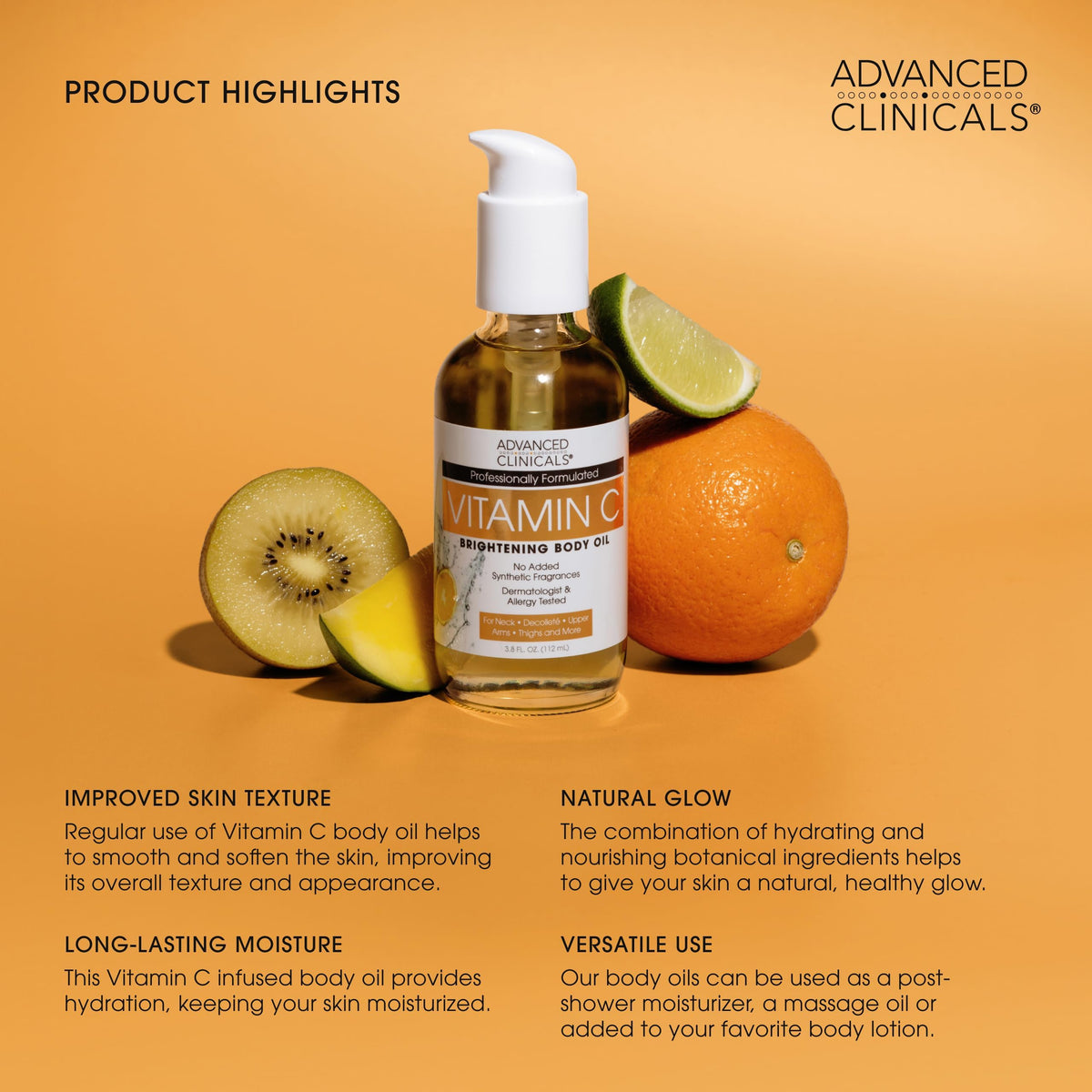 Advanced Clinicals Vitamin C Body Oil with rosehip and turmeric blend for smooth skin