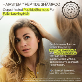 Hairstem Peptide Shampoo label closeup showing copper tripeptide-1 and botanicals