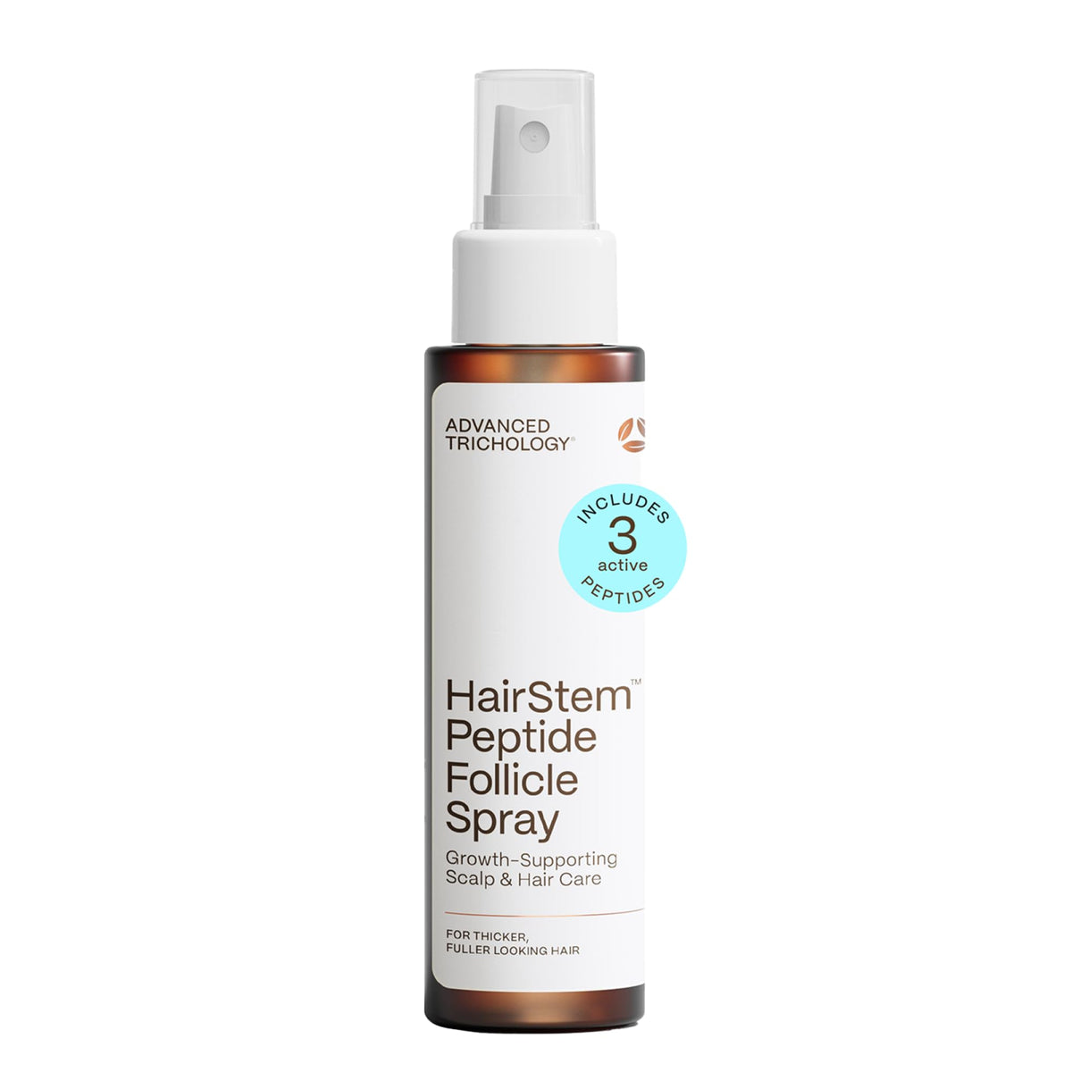 HairStem Peptide Spray bottle showing greaseless volumizing finish for fuller hair