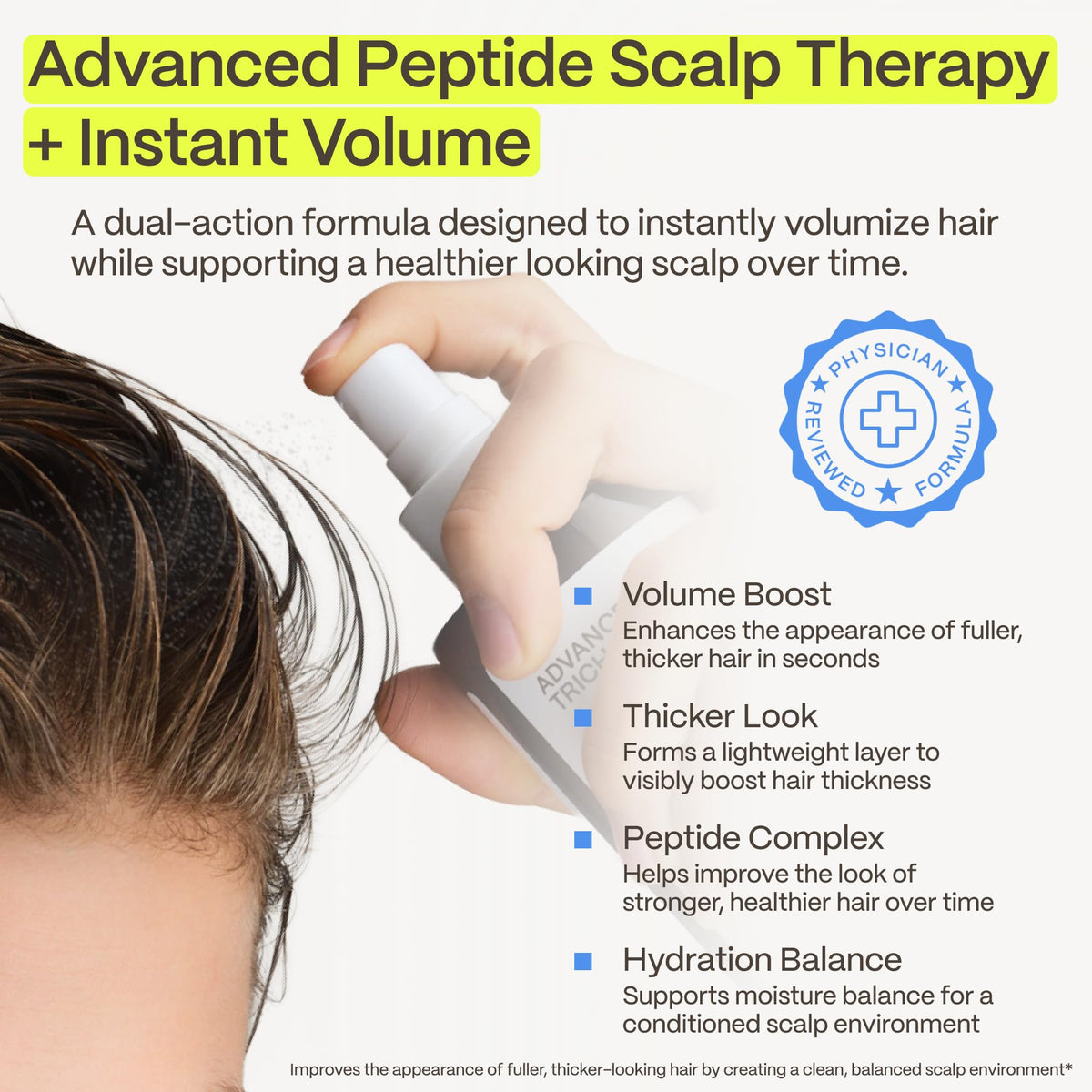 HairStem Peptide Spray being applied to scalp for quick absorption and light feel