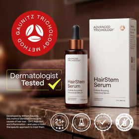 Advanced Trichology HairStem serum green tea and essential oils illustrate antioxidant care for hair.