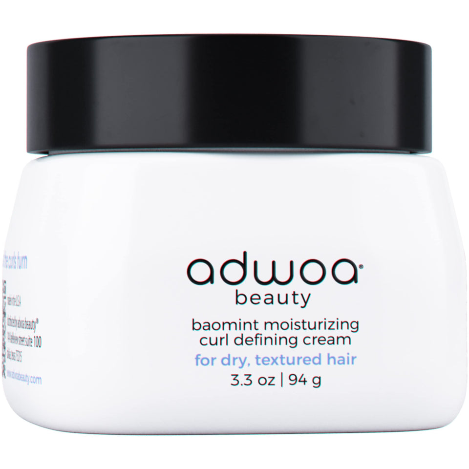 Adwoa Beauty Baomint Cream bottle close-up showing rich moisture for defined curls