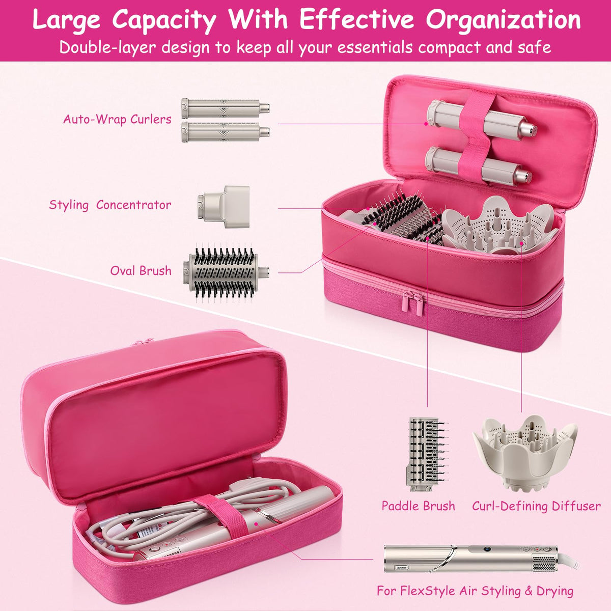 Adworte double-layer storage case pink, keeps dryer and accessories organized.
